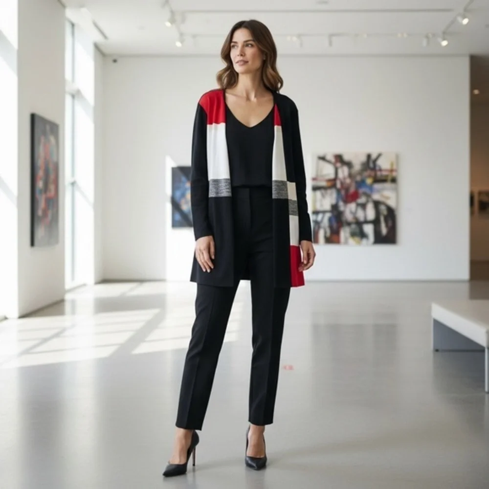 MISOOK Colorblock Open Front Knit Jacket Blazer Black Red White SZ L
